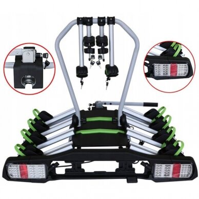 4 dviračių laikiklis ant kablio su atlenkimo mechanizmu ir užraktais